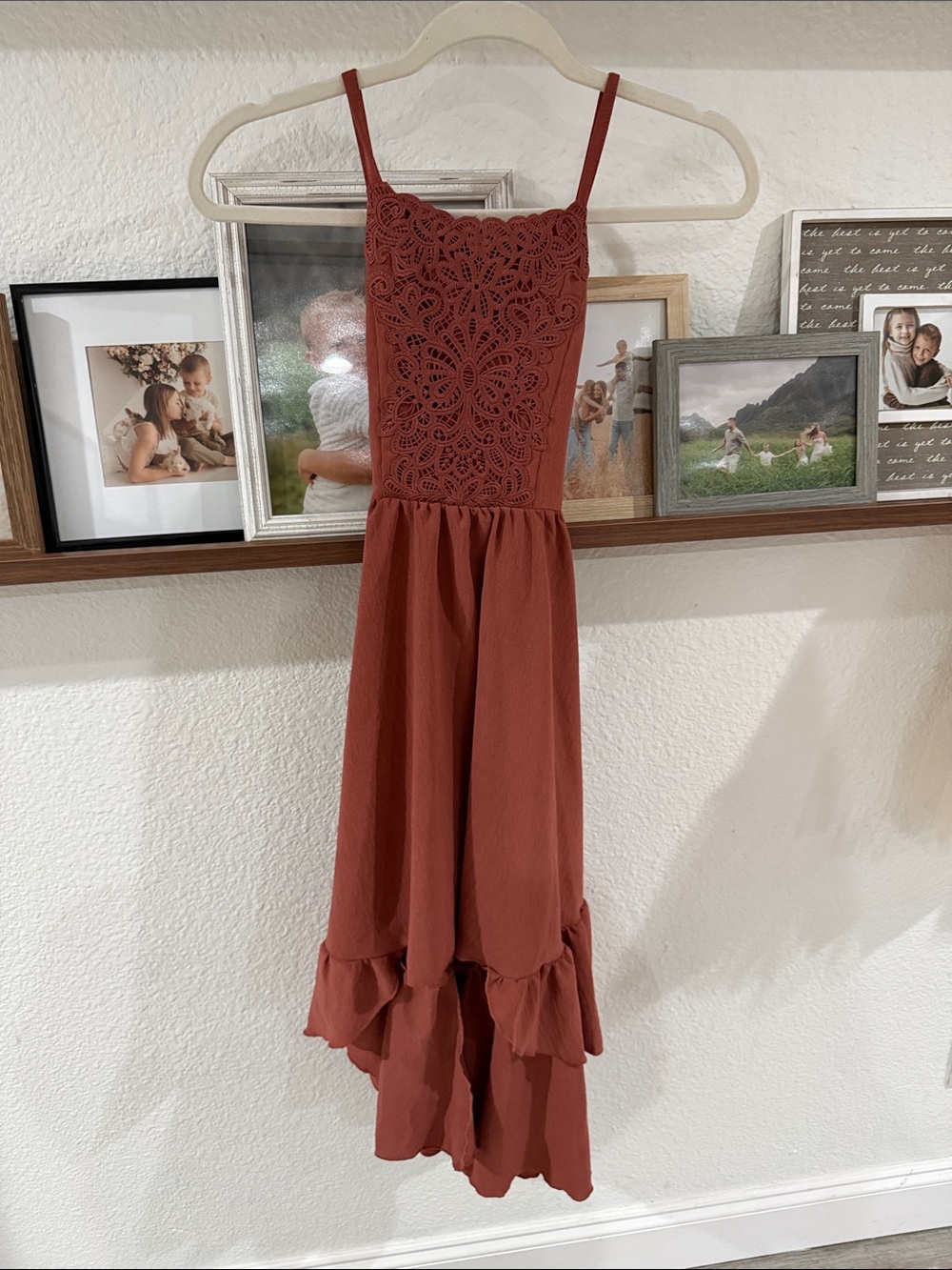 Joyfolie Rust Red Crochet Bodice High-Low Maxi Dress